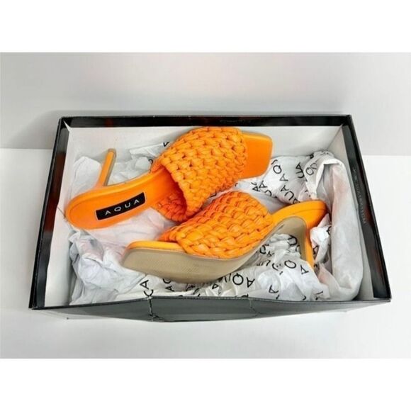 AQUA Orange Woven Heeled Mules Size 6M Square Toe Slip On Heels Sandals - Picture 7 of 7